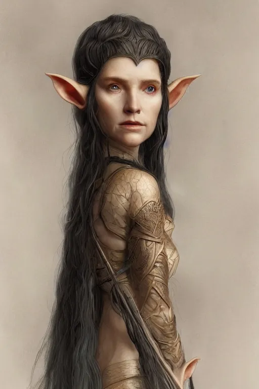 Prompt: portrait of a female elf from middle earth with long hairs, art by James Jean and Wayne Barlowe, high detail, cinematic, cgsociety 8k