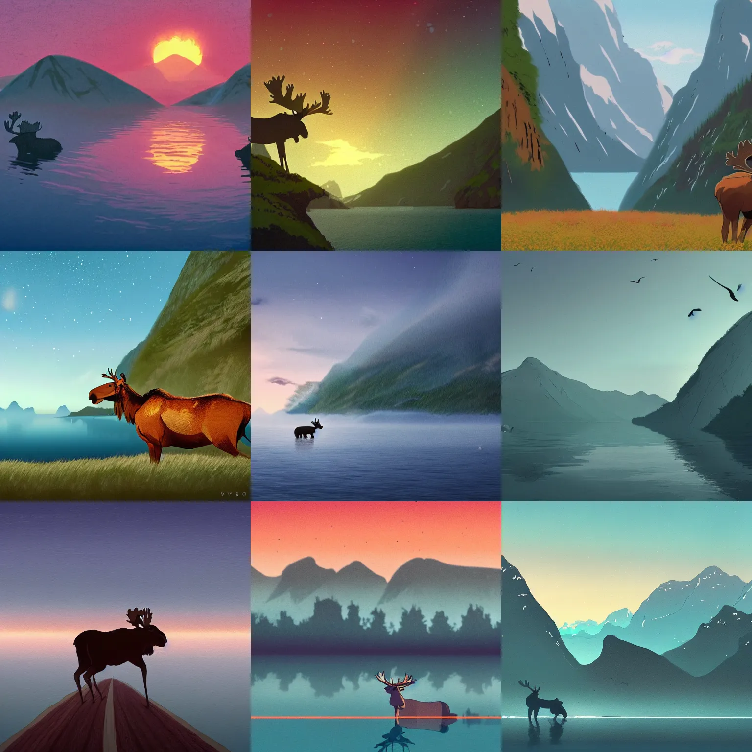 Prompt: a journey to norway west coast, fjords at dawn, a moose in the periphery. cinematic still. studio ghibli style art.