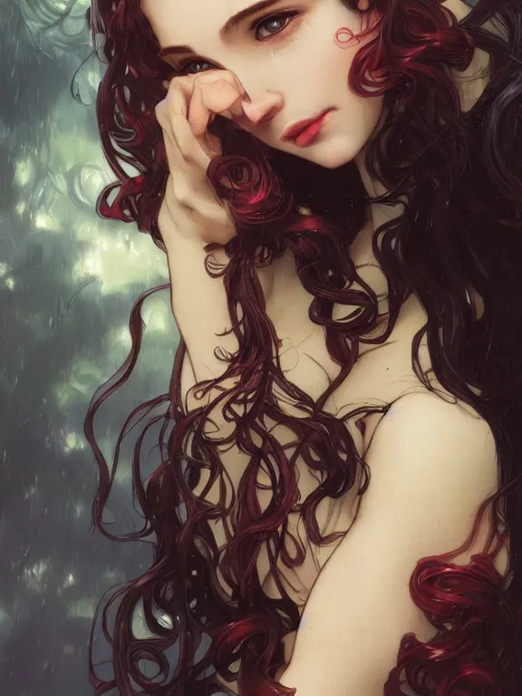 Prompt: close up picture of a beautiful woman, scarlet lips ringlet hair, jacket, highly detailed, detailed face, smooth, sharp focus, chiaroscuro, manga illustration, artgerm, greg rutkowski, alphonse mucha, young adult light novel cover art