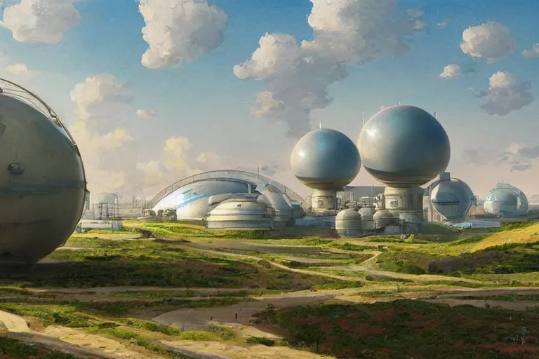 Prompt: an impressive science fiction big factory with a spherical architecture designed by boeing military and star wars with fat cables and pipes, on a beautiful green hill in a the french countryside during spring season, painting by studio ghibli backgrounds and louis remy mignot hd, nice lighting, smooth tiny details, soft and clear shadows, low contrast, perfect