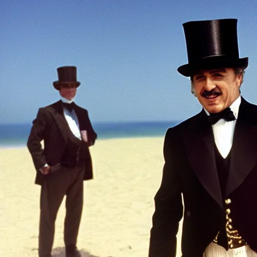 Prompt: the godfather wears a top hat and smiles. 5 0 mm, cinematic, technicolor. sea and beach and a man in the background. he holds a gun.