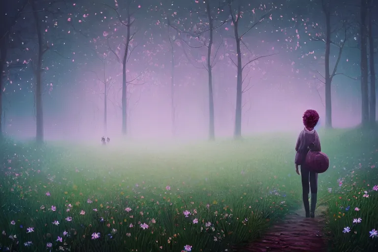 Image similar to giant bunch of daisy flowers head, girl walking in dark forest, surreal photography, dark night, stars, moon light, impressionist painting, clouds, digital painting, artstation, simon stalenhag