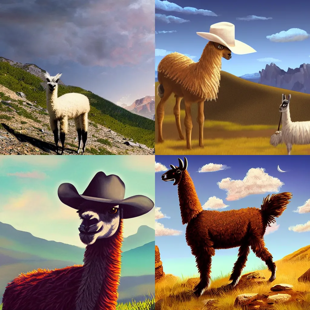 Prompt: a llama wearing a cowboy hat hiking a mountain, digital art, trending on furaffinity
