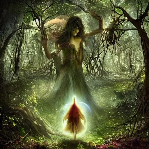 Image similar to a doomed fairy walking towards a ravenous, horrific portal to hades embedded in a creepy tree in a densely overgrown, magical jungle, fantasy, dreamlike sunraise, stopped in time, dreamlike light incidence, ultra realistic