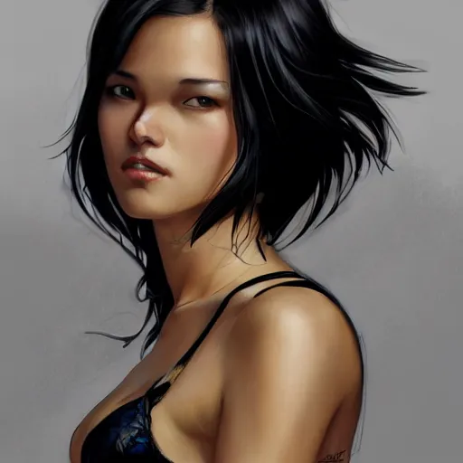 Prompt: full body portrait of cassandra cain wearing black bra, looking at camera, attractive, casual, modern, victoria's secret, highly detailed, digital painting, artstation, concept art, smooth, sharp focus, illustration, art by artgerm, greg rutkowski and alphonse mucha