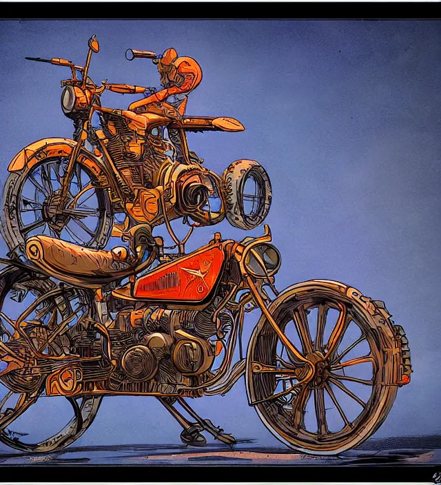 Image similar to atompunk / decopunk motorcycle in the style of jean giraud in the style of moebius trending on artstation deviantart pinterest detailed realistic hd 8 k high resolution