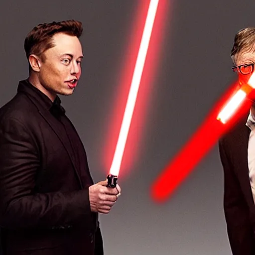 Image similar to film still of elon musk dueling bill gates with a lightsaber, epic cinematic