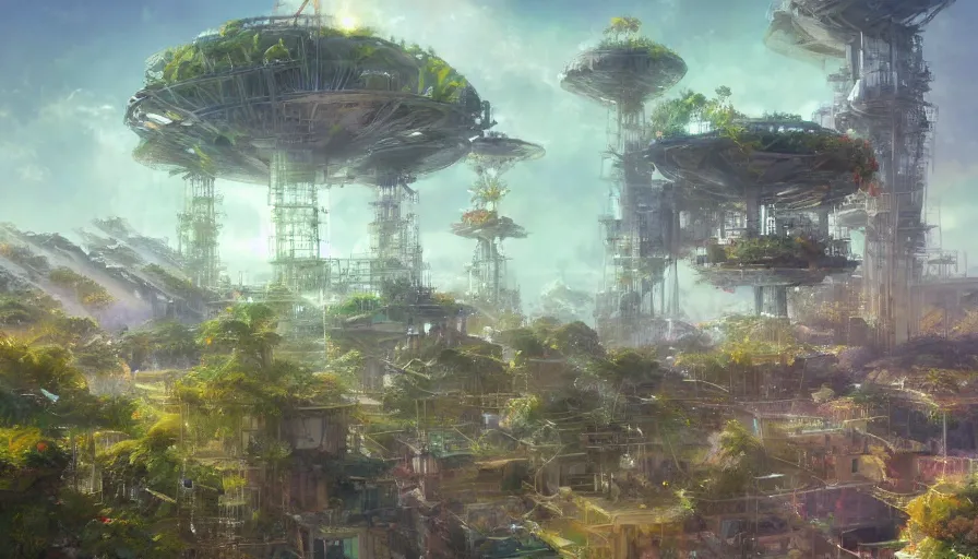 Image similar to craig mullins and ghibli digital illustration organized solarpunk tall vertical farms under an invisible force field, scifi hydroponics, astrophotography, colorful, unreal engine, hyper realism, realistic shading, cinematic composition, realistic render, octane render, detailed textures, photorealistic, wide shot