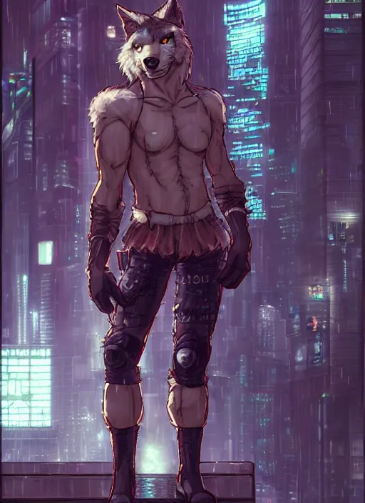 Image similar to character portrait of a muscular male anthro wolf fursona with a tail and a cute beautiful attractive detailed furry face wearing stylish cyberpunk clothes in a cyberpunk city at night while it rains. hidari, color page, tankoban, 4K, tone mapping, Akihiko Yoshida.