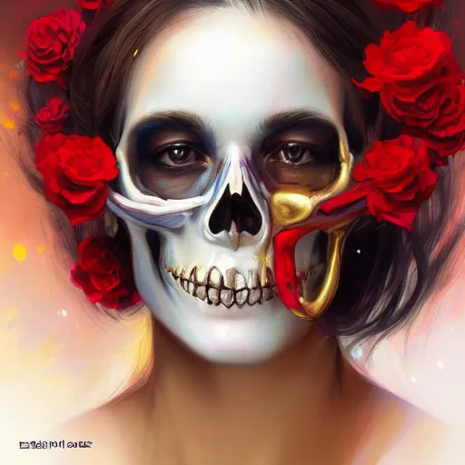 Prompt: A potrait of a women skull head with gold and red flowers, digital painting, by Stanley Artgerm Lau, WLOP, Rossdraws, LeraPi, and Sakimichan, digital painting, trending on ArtStation, deviantart, SFW version