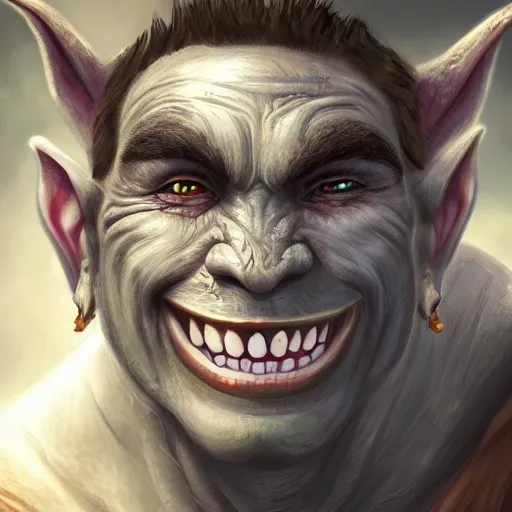 Image similar to a detailed portrait of a cute orc boy smiling, fantasy art illustration, incredibly highly detailed and realistic, 8 k, sharp focus