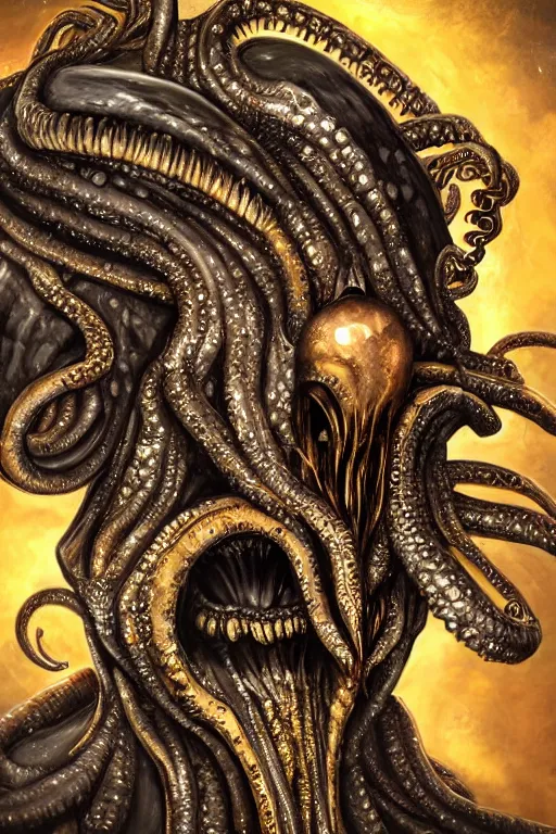 Image similar to a spectacular wideangle photorealistic, detailed closeup portrait of angry giger alien with a octopus head and golden jewelery, digital art