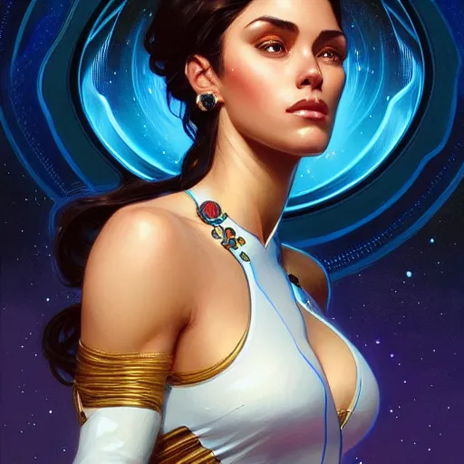 Image similar to Portrait of very very very very very very beautiful Latina woman, spacesuit, blue eyes, intricate, elegant, highly detailed, digital painting, artstation, concept art, smooth, sharp focus, illustration, art by artgerm and greg rutkowski and alphonse mucha