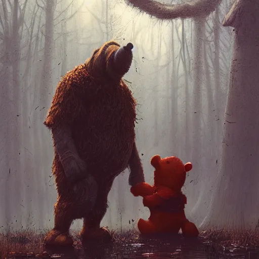 Prompt: eeyore brutally murdering pooh bear, character portrait, concept art, intricate details, highly detailed 4 k by greg rutkowski, michael whelan