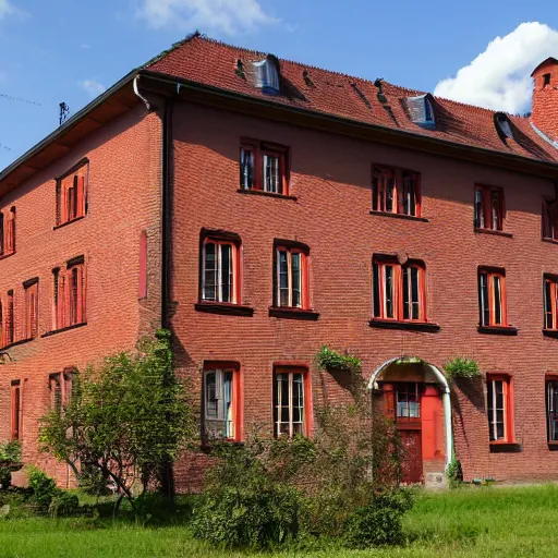 Prompt: 1 8 8 0 s big german farmhouse, red bricks, hannover, lower saxony, veranda