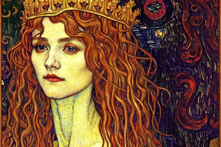 Image similar to detailed realistic beautiful young medieval queen face portrait by jean delville, gustav klimt and vincent van gogh, art nouveau, symbolist, visionary, gothic, pre - raphaelite, muted earthy colors, desaturated