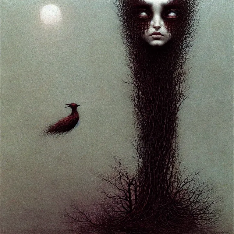 Prompt: bird girl by Beksinski, Luis Royo