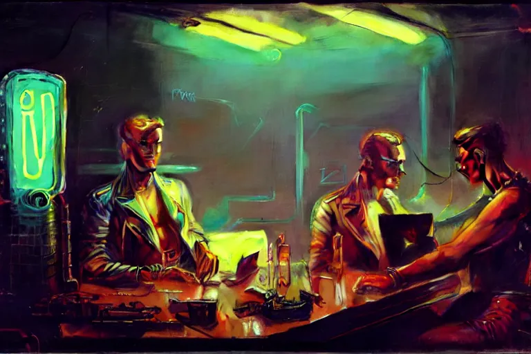 Image similar to synthwave, robotic arm, neon lights, cool tint, painting by gaston bussiere, craig mullins, j. c. leyendecker, tom of finland