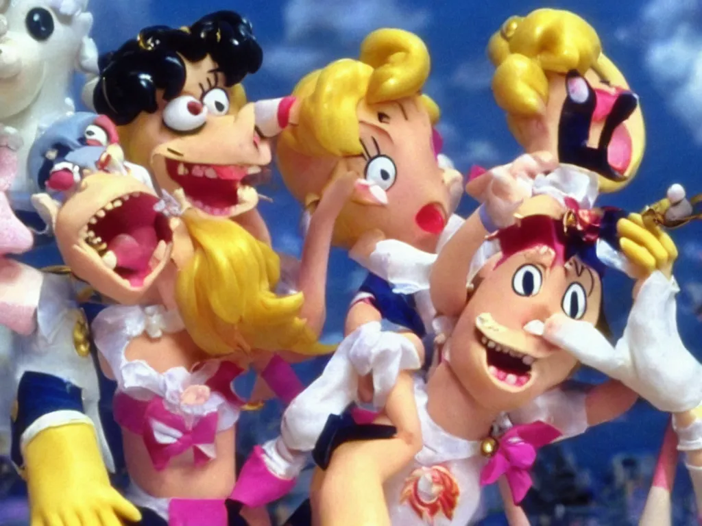 Image similar to Sailor Moon in Wallace and Gromit, extreme close-up of the panic scene, sheer terror and desperation