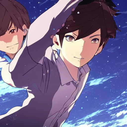 Prompt: epic anime battle brown haired boy summons a tsunami. makoto shinkai. kuvshinov ilya. shigenori soejima.