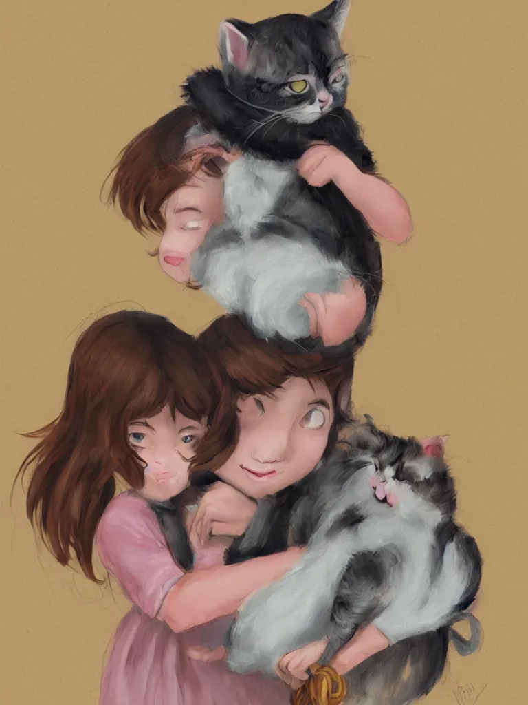 Prompt: girl hugging kitten by disney concept artists, blunt borders, rule of thirds