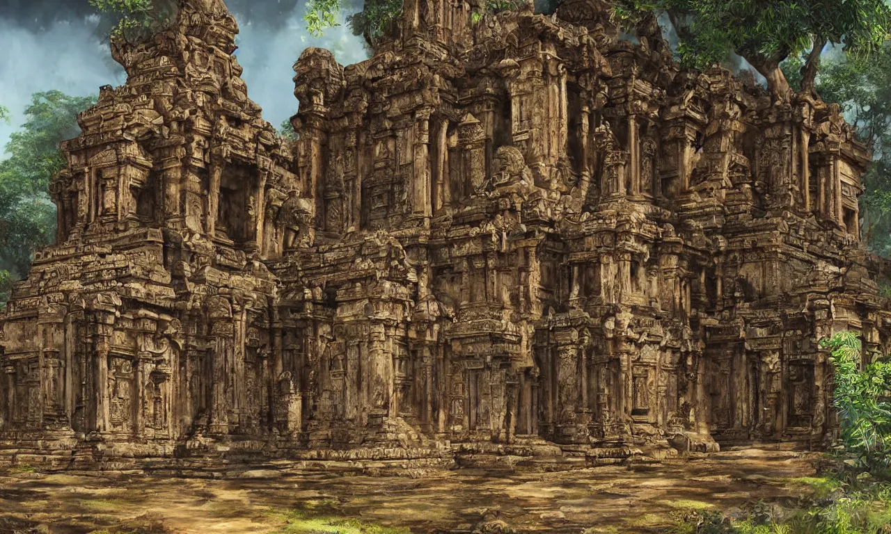 Prompt: hidden biomechanical ancient temple in a beautiful sri lankan landscape, concept art, intricate detail, volumetric shadows and lighting, realistic oil painting,