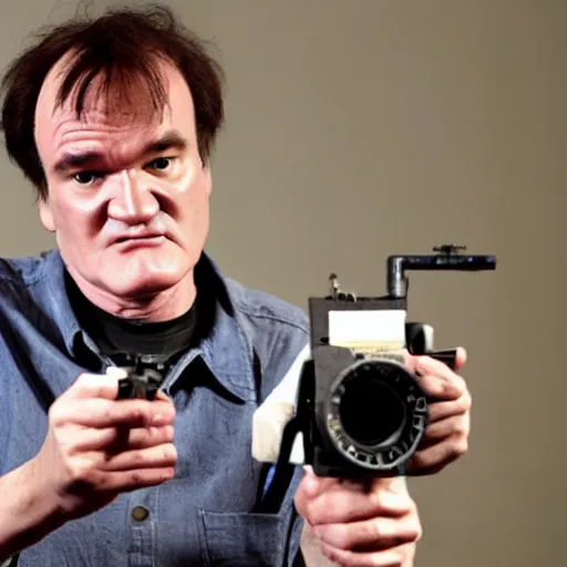 Prompt: Quentin tarantino holding a 16 mm camera, Claymation, Aardman Animation.