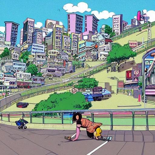 Image similar to city street, sloped street, city on tall hillside, street scene, rollerbladers grinding on rails, skaters, rollerskaters, cel - shading, 2 0 0 1 anime, flcl, jet set radio future, golden hour, japanese town, concentrated buildings, japanese neighborhood, electrical wires, cel - shaded, strong shadows, vivid hues, y 2 k aesthetic