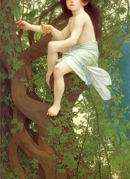 Prompt: young boy with long hair, climbing a tree, path traced, highly detailed, high quality, digital painting, by studio ghibli and alphonse mucha, leesha hannigan, hidari, art nouveau, chiho aoshima, jules bastien - lepage