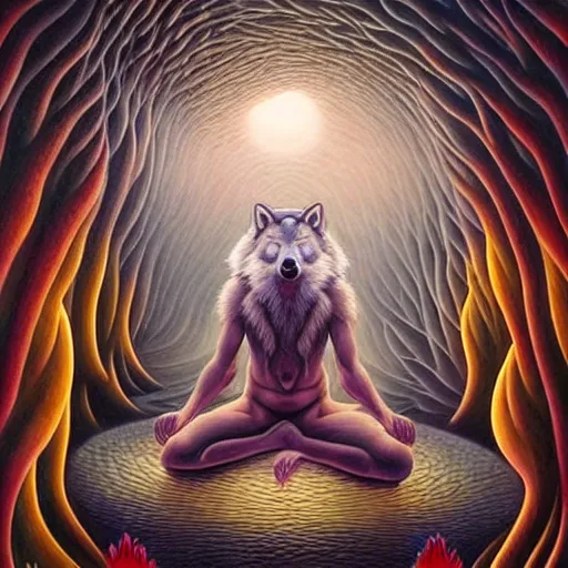 Prompt: a wolf! dressed like a shaolin monk meditating in a zen garden with a waterfall under the blood moon, by Adi granov and afarin sajedi and amanda sage and evgeni gordiets and Agostino Arrivabene and adonna khare in a psychedelic portrait style, ultrarealistic matte painting, volumetric lighting, fractal, extremely symmetrical, highly detailed face, orisha, 8k, hd