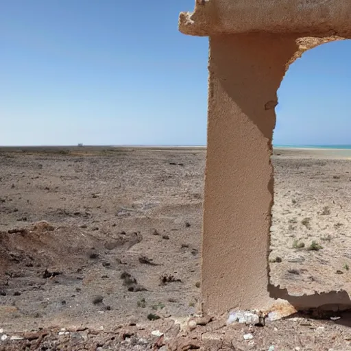 Image similar to a photo of a place where the desert meets the ocean, a ruined city in view, a survivor looks into the camera W 1024