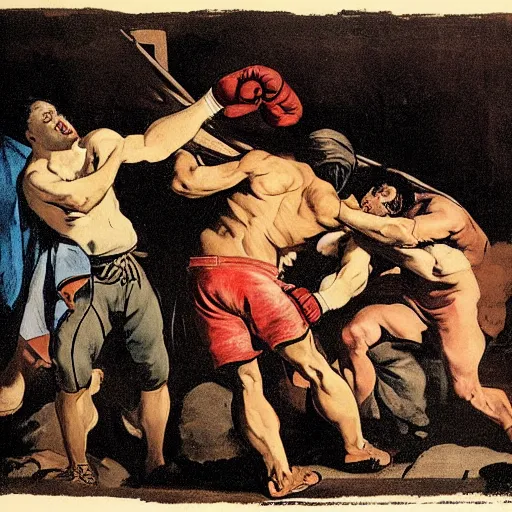 Prompt: inspiring barroom brawl. men duking it out. tough guy big fist. americana, strong red white blue colors ; darkness and depth. strong linework vectorized and flattened ; illustrated by goya goya,,,,,,, by artemisia gentileschi, by theodore gericault,