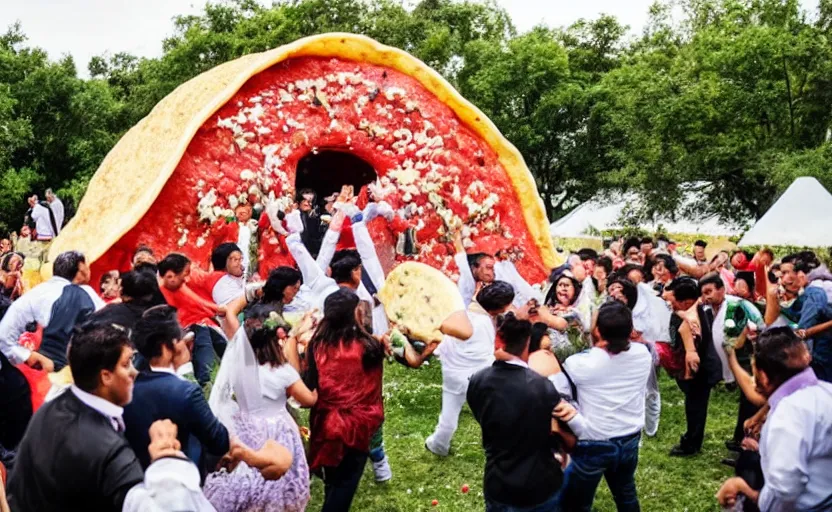 Image similar to a crowd of mexicans dancing around a giant Taco in a wedding,