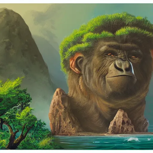 Prompt: painting of a small desolate jungle island with a prominent large rock formation in the shape of a gorillas head, trending on artstation