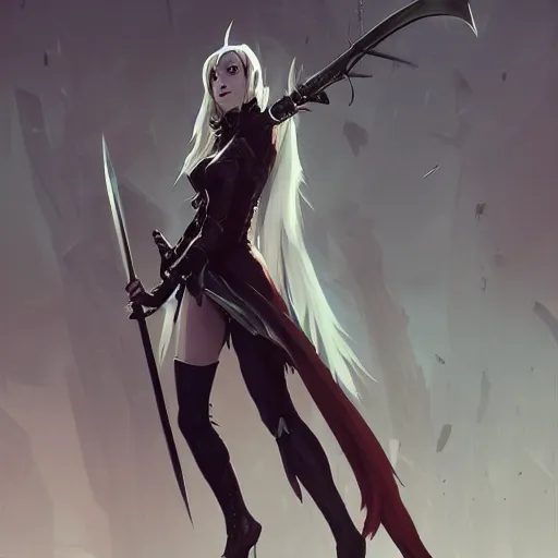 Image similar to female human vampire witch in fantasy armor holding a sword, in the style of greg rutkowski, makoto shinkai, trending on artstation, character design, concept art, symmetrical face, forward facing, highly detailed, digital art