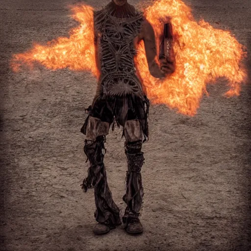 Image similar to burning man dancer, digital art, post apocalyptic, fantasy