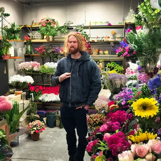 Prompt: photo of thor working in a flower shop