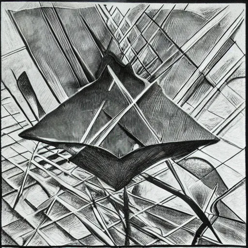 Prompt: abyssal synthwave fogy pond triangle flounder gravity salad batter , by Kati Horna and Gerardo Dottori and Eugene Delacroix , vaporwave , child's drawing , constructivism