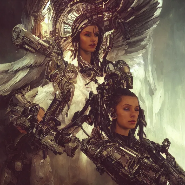 Image similar to scifi character portrait Painting of a futuristic archangel from, warhammer40k , dystopian mood, intricate, wild, highly detailed, digital painting, artstation, concept art, smooth, sharp focus, illustration, art by artgerm and greg rutkowski, and alphonse mucha