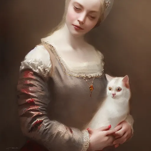 Prompt: portrait of a russian princess in her catsle holding a cat in her hand, in the style of charles sillem lidderdale, in the style of greg rutkowski, artstation, high quality art, super detail