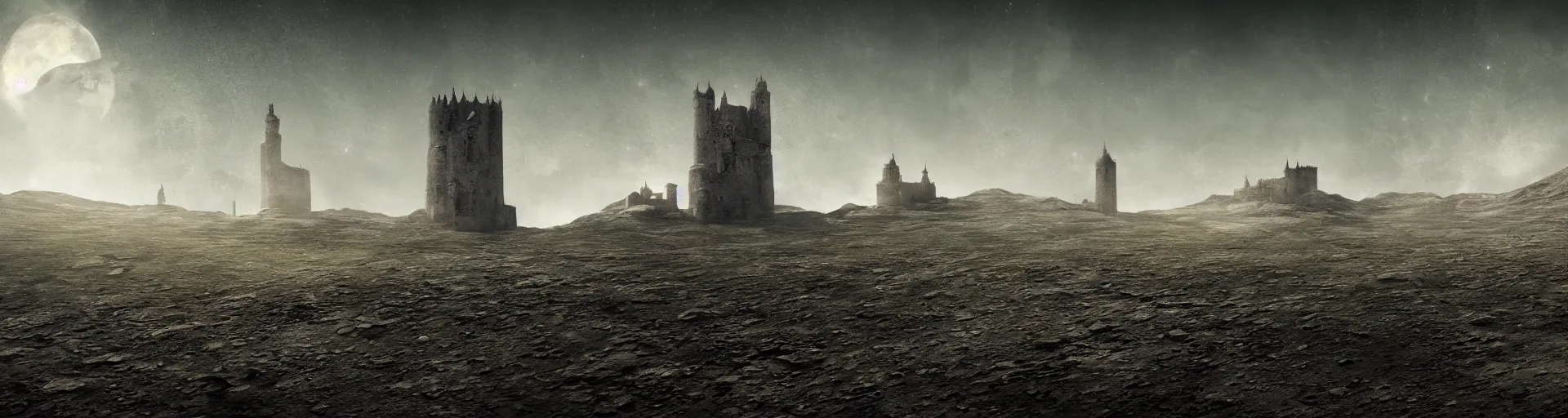 Image similar to landscape of the lunar surface with a spooky medieval castle tower on the far left, digital art