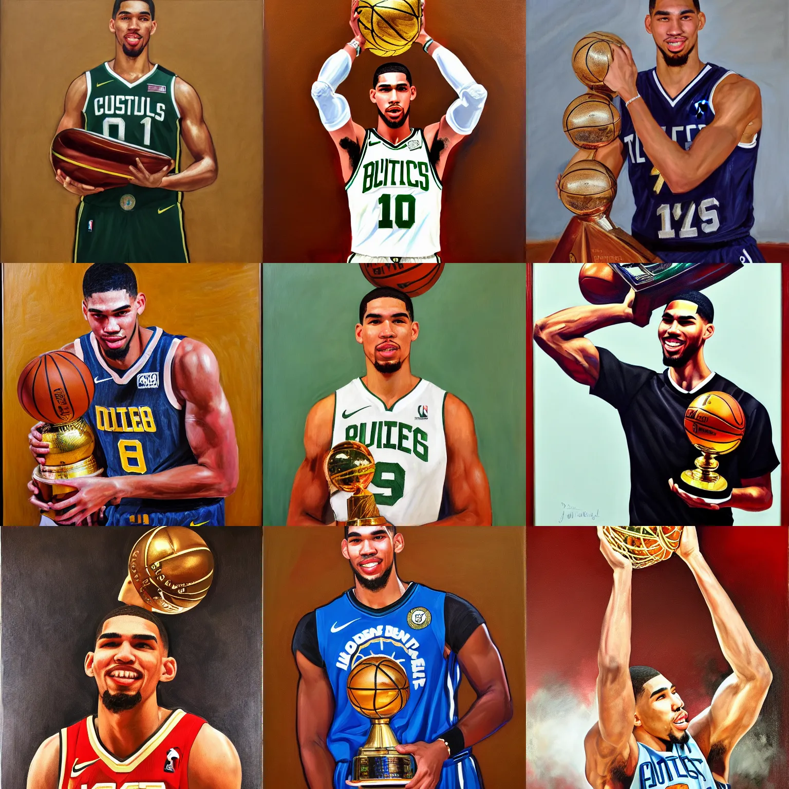 Prompt: jayson tatum holding the larry o'brien trophy above his head, portrait by william sidney mount, oil on canvas, trending on artstation