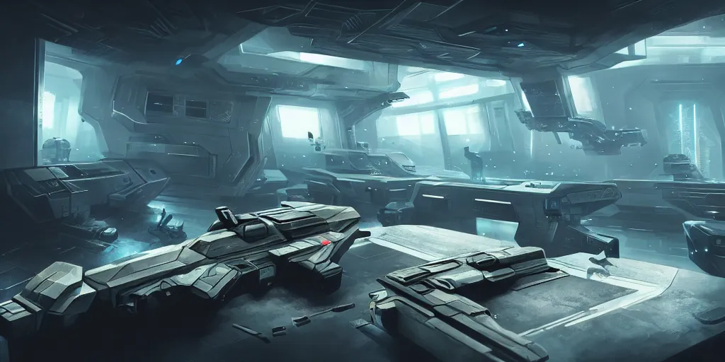 Image similar to ultra realistic, concept art, a variety of futuristic laser guns on a table in a locker room, science fiction, intricate details, eerie, highly detailed, octane render, unreal, straight lines, sharp