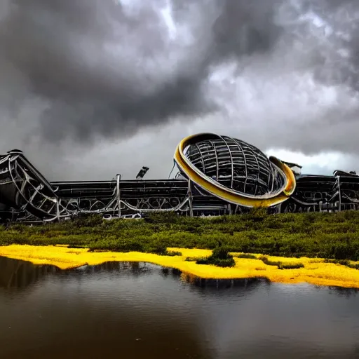 Prompt: post - apocalyptic epcot center, wasteland, submerged, monorail, abandoned, wet, swamp, swamp gas, nuclear fallout, yellow mist, yellow sky, dark clouds, walt disney world, highly detailed, intricate, 8 k