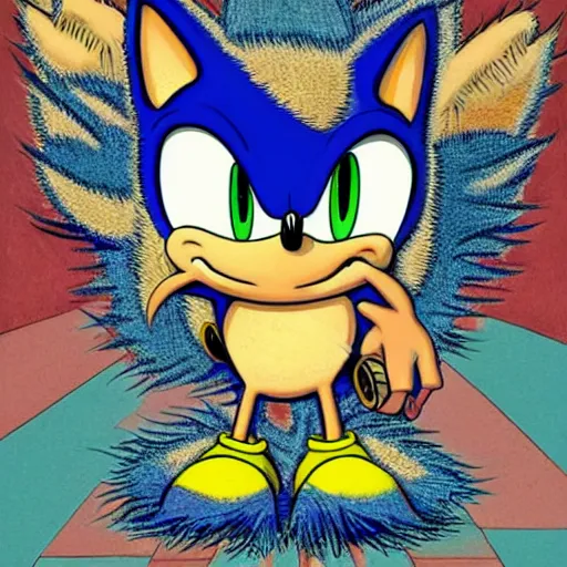 Prompt: low angle shot of Sonic the Hedghehog, by Robert Crumb, intricate, elegant, highly detailed, centered, digital painting, artstation, concept art, smooth