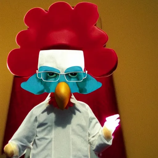 Image similar to Walter White dressed up as a chicken from Los Pollos Hermanos