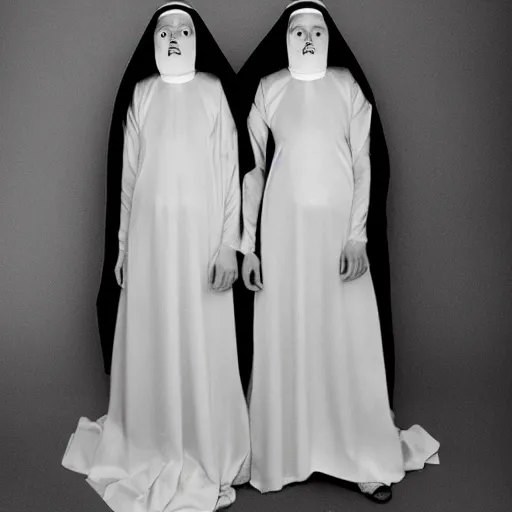 Prompt: award winning photo Floating twin nuns wearing translucent habits, see through dress, Very long arms, in a bedroom, eerie, frightening —width 1024 —height 1024