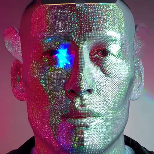 Image similar to a 3d human head made up of shiny holograms