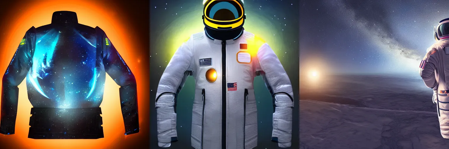 Image similar to Space jacket glowing in the night sky, concept art, photorealistic, hyperrealistic, photogenic, cinematic, detailed