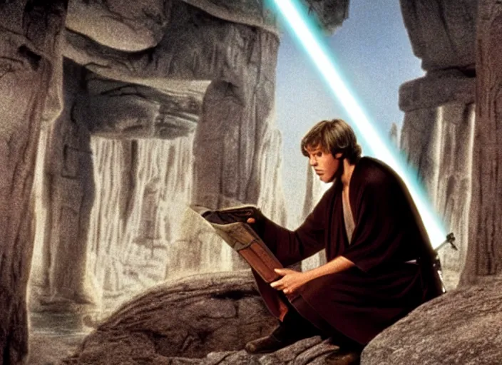 Prompt: screenshot of Luke Skywalker reading the ancient Jedi textbooks, outside on a rocky jedi temple, famous scene from the force awkaens, 1980s film directed by Stanley Kubrick cinematic lighting, moody cinematography, with anamorphic lenses, crisp, detailed portrait, 4k image